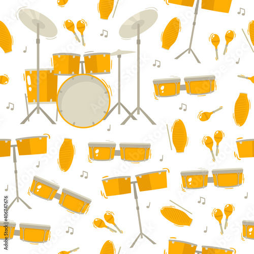 Traditional etnic music instruments and note seamless pattern on white
