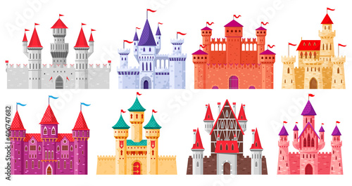 Cartoon medieval castles. Fairytale medieval towers, historical royal kingdom castles. Ancient fortress castles cartoon vector illustration set. Old citadel with gothic architecture