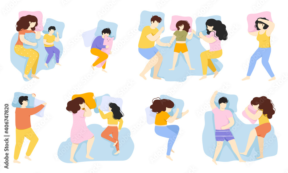 Sleeping people. Man, woman and child sleep pose, male and female characters healthy night sleep in bed. People sleeping poses vector illustration set. Family members having rest during bedtime Sleeping people. Man, woman and child sleep pose, male and female characters healthy night sleep in bed. People sleeping poses vector illustration set. Family members having rest during bedtime