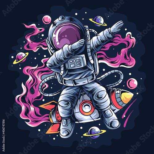 astronaut dabbing style on a space rocket with the stars and planets
