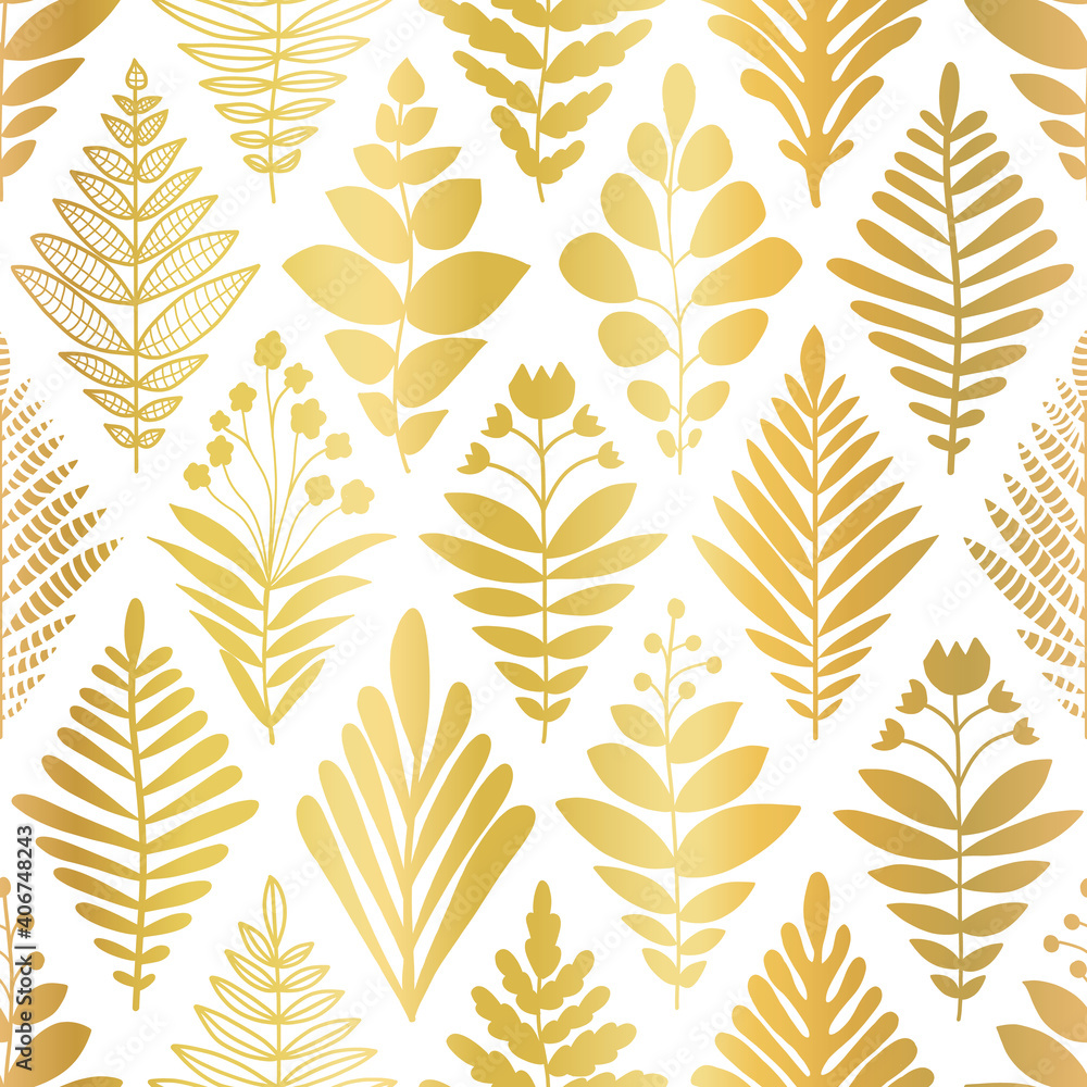 Flower Rhombus Damask abstract metallic gold foil shapes seamless vector pattern. Repeating background plants leaves florals geometric pattern. Decorative elegant golden texture party, celebration