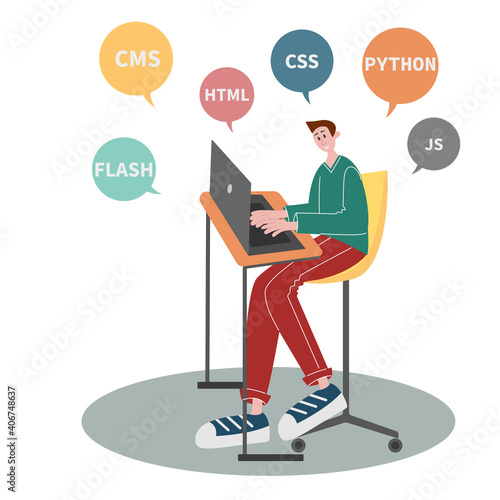 Casual weared young IT specialist or student with laptop at his workplace. Colorful clouds with programming codes. Character vector illustration.