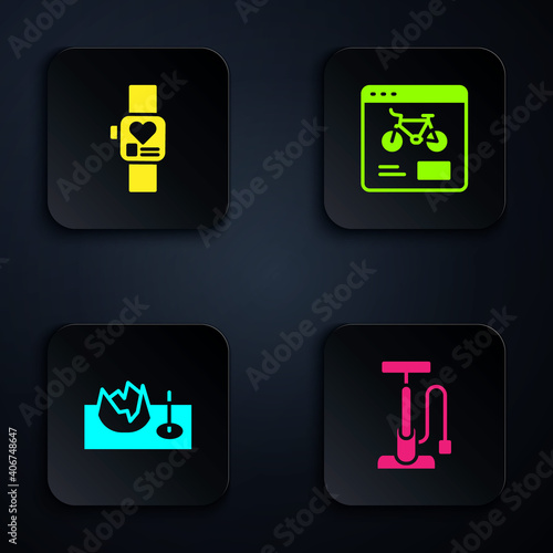 Set Bicycle air pump, Smart watch, on street ramp and rental mobile app. Black square button. Vector.