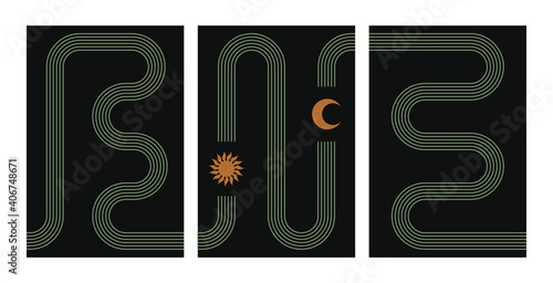 Abstract boho art posters. Contemporary line design sun stars moon phases, mid century bohemian wall decor, vector illustration