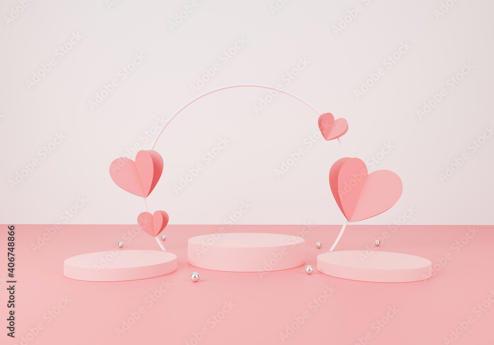 happy valentine's day concept. minimal scene with geometric forms. cylinder podium display or showcase mockup for product in pink background with paper heart and silver ball 3D illustration