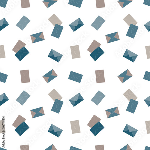 Trendy seamless pattern of blue envelopes, letters for festive wrapping paper, fabric, textiles, bed linen, covers. 