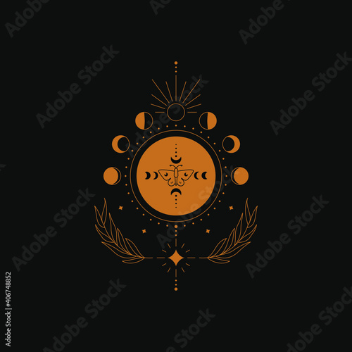 Abstract boho moon phases. Esoteric mystical magic celestial line drawing, minimal tattoo logo design. Vector illustration.