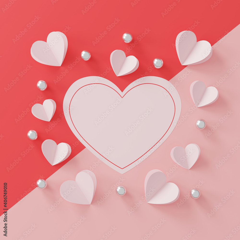 happy valentine's day concept. paper heart and silver ball on pink background. top view. flat lay. space for text. 3D illustration
