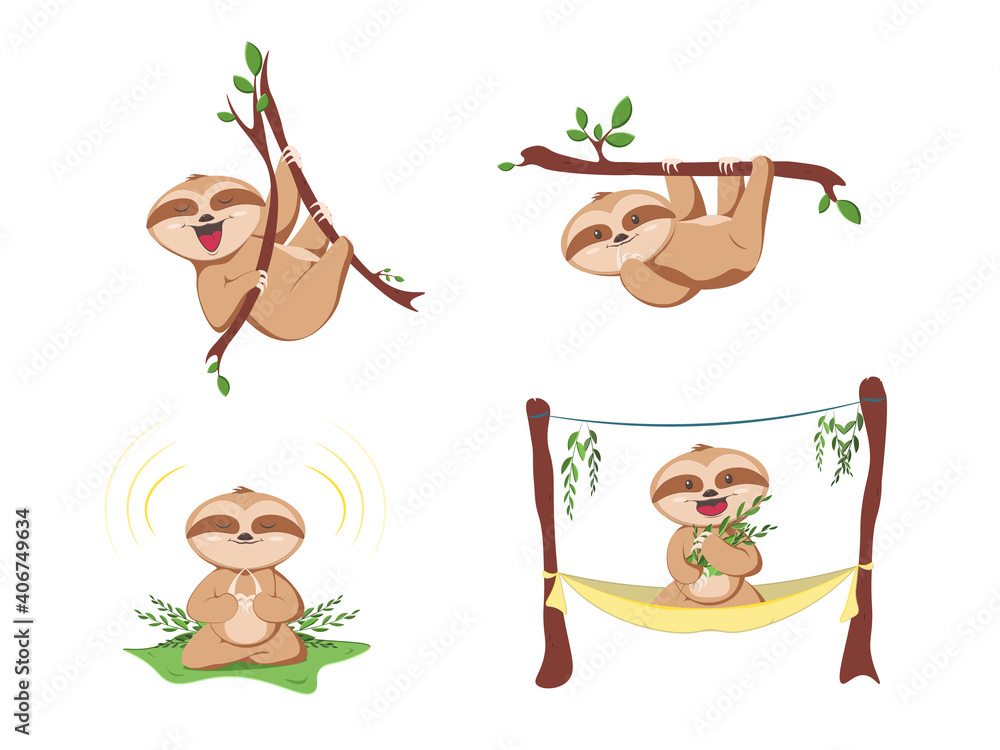 Fototapeta premium Cute cartoon sloth vector graphic design. Card with cute sloth in cartoon style. Illustration for nursery design, poster, greeting, birthday card, baby shower design and party.