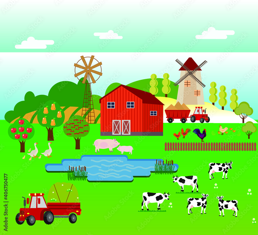 Set of the farming agriculture concept flat vector illustration. Agriculture and Farming. Agribusiness. Rural landscape.
