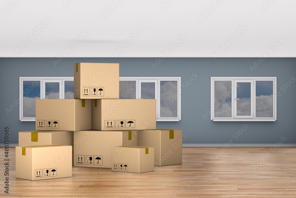 cargo box into room. 3D illustration