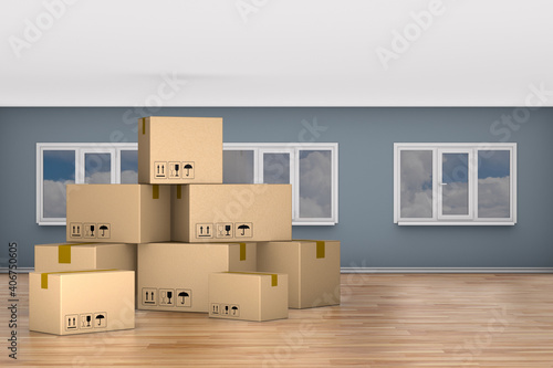 cargo box into room. 3D illustration © Sergey Ilin