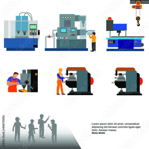 The process of working people for metal-cutting machines.Linear Flat industrial manufacture conveyor machine vector illustration.