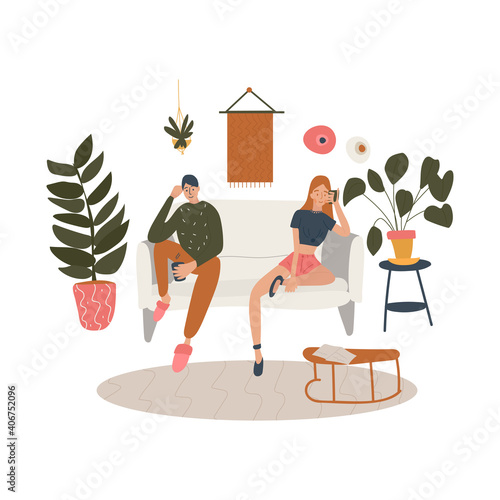 Sitting couple in a living room decorated with plants and home furniture. Business or family relationship. The regular or unhappy situation in friendship. Vector cartoon colored flat illustration.
