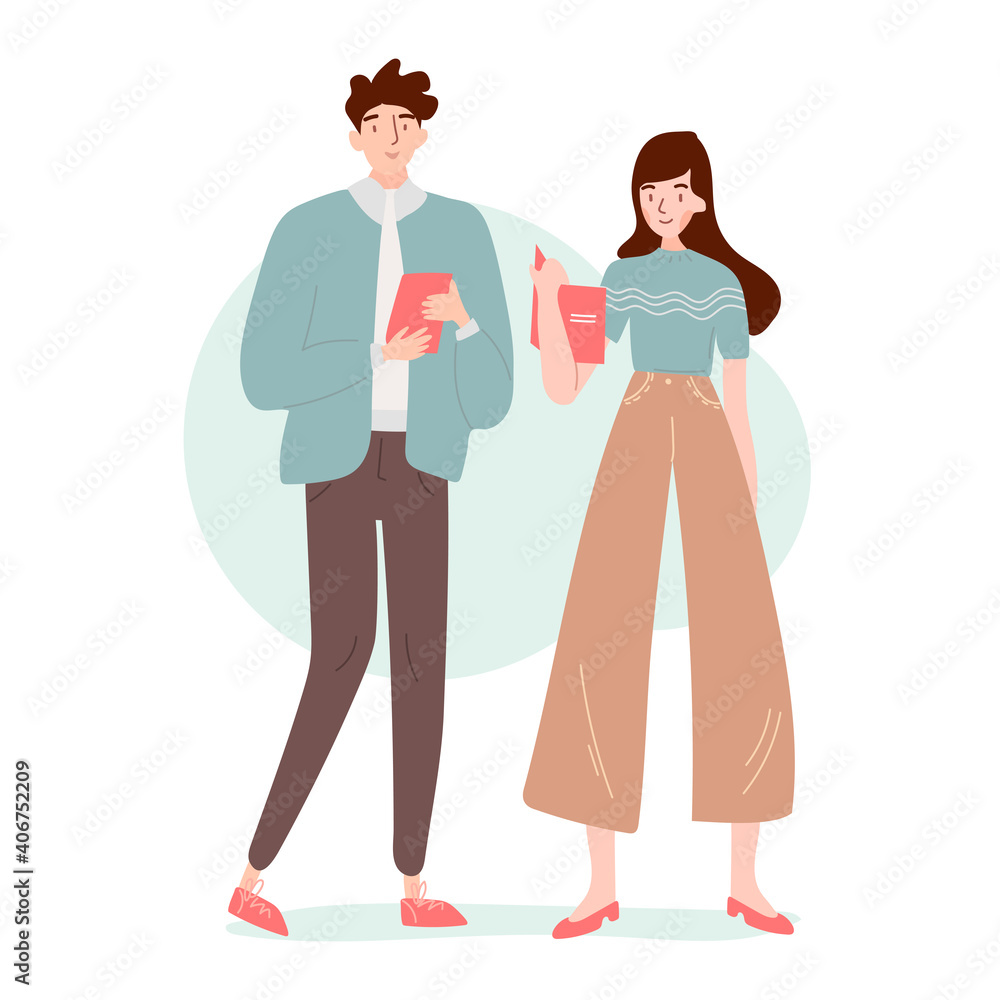 Two office workers or colleagues are talking. Teamwork concept or business meeting. Standing postures of two young people with paperwork. Vector cartoon colored flat illustration.