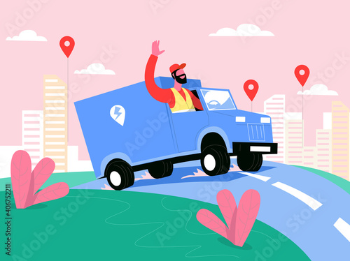 Delivery man with delivery van illustration concept vector