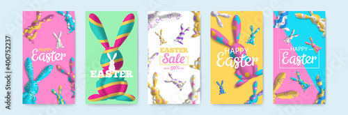 happy easter vertical banners set for social media mobile app stories design with 3d rabbits colorful figures