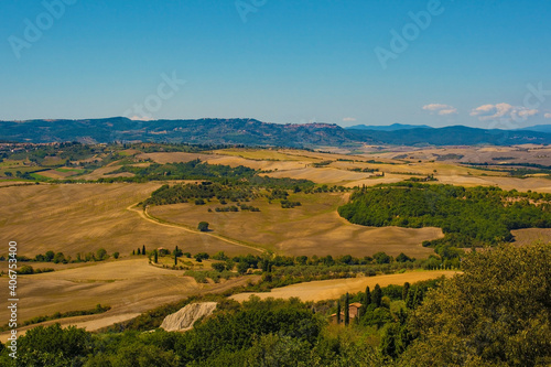 The late summer landscape around Pienza in Val d'Orcia, Siena Province, Tuscany, Italy 