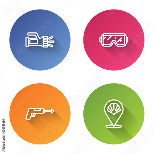 Set line Flashlight, Diving mask, Fishing harpoon and Scallop sea shell. Color circle button. Vector.