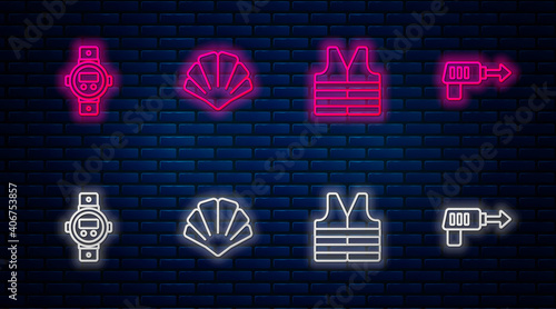 Set line Scallop sea shell, Life jacket, Diving watch and Fishing harpoon. Glowing neon icon on brick wall. Vector.