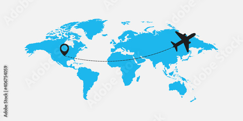 Flat world map with airplane illustration vector illustration