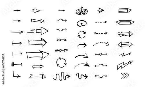 Hand drawn arrows set. Black doodle icons on white background. Vector illustration.
