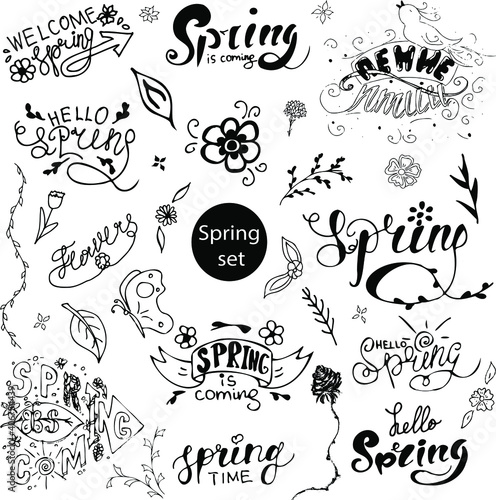 Spring set black isolated with lettering, flowers, bird, leafs