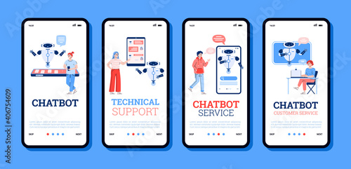 Technology of technical support in chatbot service for customers. A set of mobile phone screens with people communication in chat with virtual assistant. Vector illustrations.