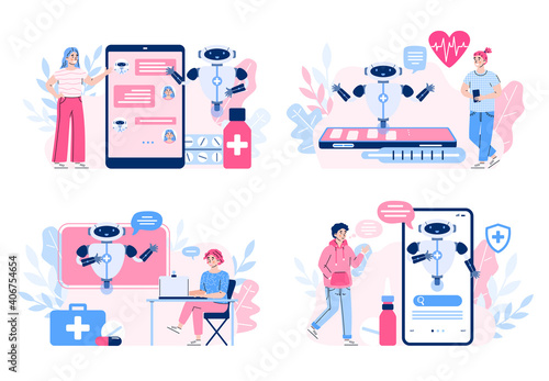 Medical chatbot, robot doctor on screen for service and support patients. People receive consultation and treatment in online chat. Technology of future for healthcare. Vector.