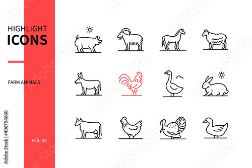 Farm animals collection - line design style icons set