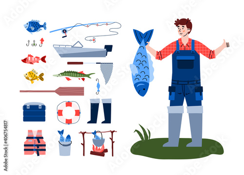 Fisherman character with big fish in hand and fishery icons set, flat cartoon vector illustration isolated on white background. Fishing activity symbols collection.