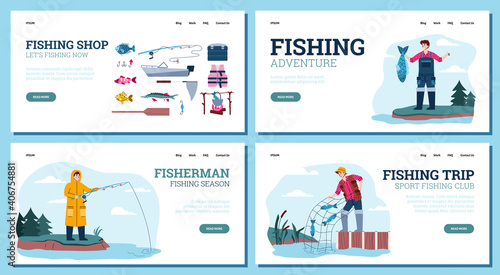 Website page templates for fishing shops and fishery trips with cartoon fishers, flat vector illustration. Collection of web page for fishing activity.