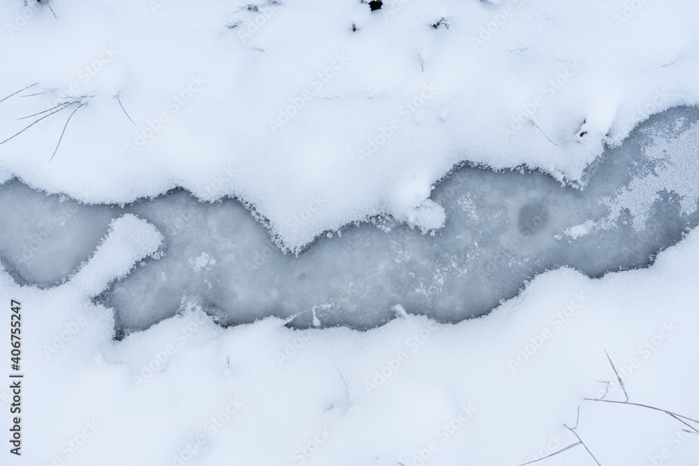 view from above on a small frozen stream