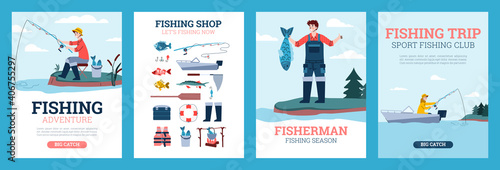 A set of posters with advertise of hobby and leisure catch fish, trip and adventure in fishing season, sport club and fishing equipment for fisherman. Vector flat illustrations.