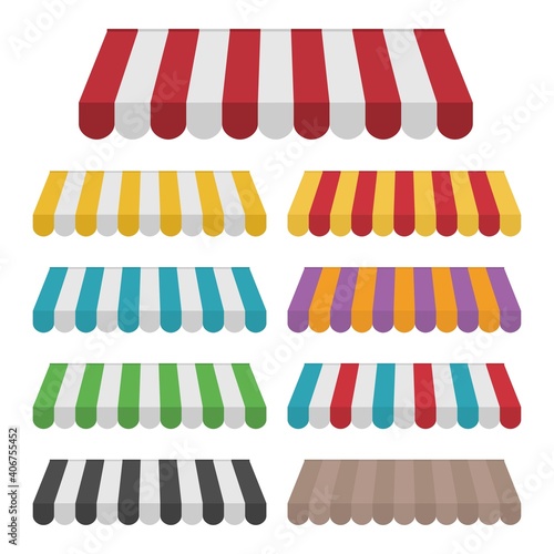 Set of striped awnings for shop, marketplace, cafes and street restaurants. Stripe canopy icon. Striped sunshade or tents.