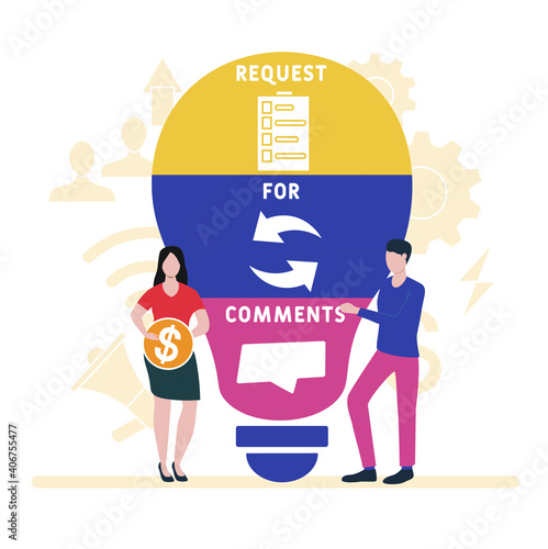 Flat design with people. RFC - Request for Comments acronym, business concept background.   Vector illustration for website banner, marketing materials, business presentation, online advertising.