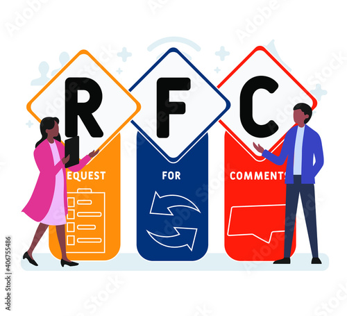 Flat design with people. RFC - Request for Comments acronym, business concept background.   Vector illustration for website banner, marketing materials, business presentation, online advertising.