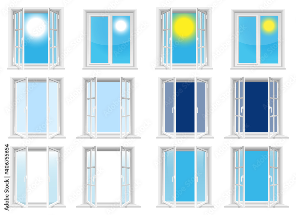 Transparent windows and sunny sky vector design illustration isolated on white background