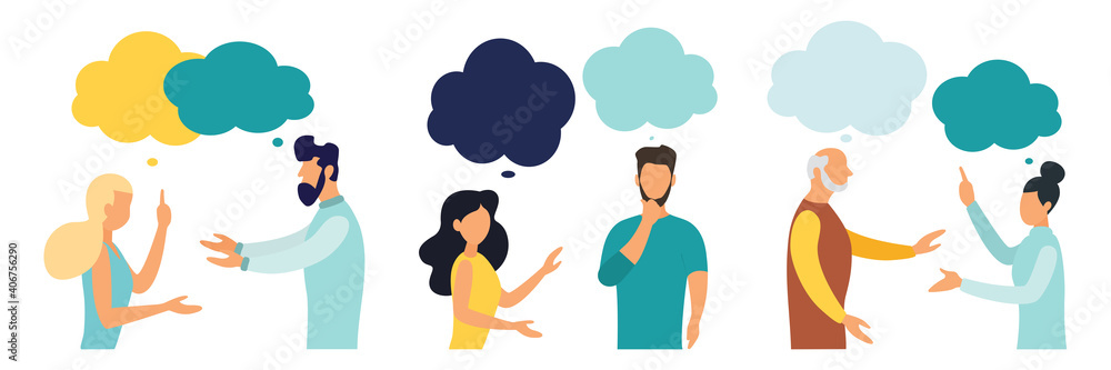 People with thoughts on a white background. Communication concept. Men and women. Flat style. Dialogue illustration People with thoughts on a white background. Communication concept. Men and women. Flat style. Dialogue illustration