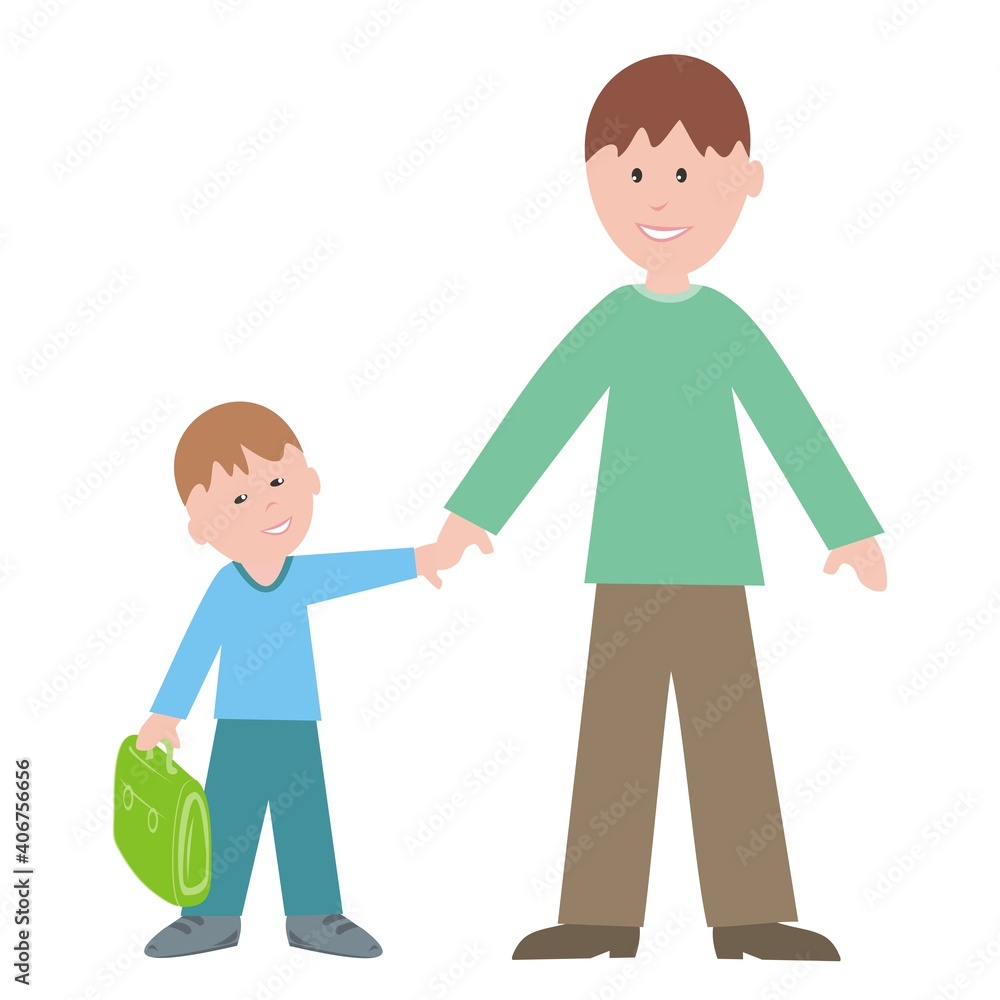 Father and boy with school bag. First day in school, vector illustration. Father and boy with school bag. First day in school, vector illustration.