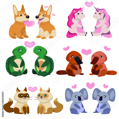 Cute animals valentine set. Valentine's day concept illustration with love characters. Greeting card with cute cartoon little Valentine animals. Vector illustration