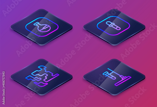 Set Isometric line Test tube and flask, Gaseous, Pipette and on fire. Blue square button. Vector.