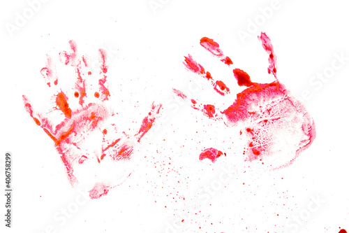 Imprint of human hands with watercolor red paint on a white background.