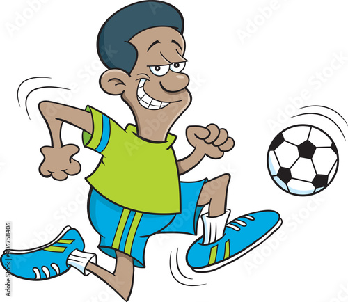 Cartoon illustration of an African American kicking a soccer ball.
