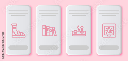 Set line Slippers with socks, Book, Gamepad and Insects in frame. White rectangle button. Vector.