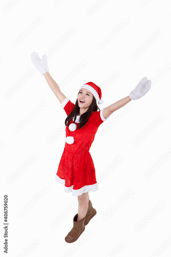 Portrait of young woman wearing christmas hat,cheering Portrait of young woman wearing christmas hat,cheering