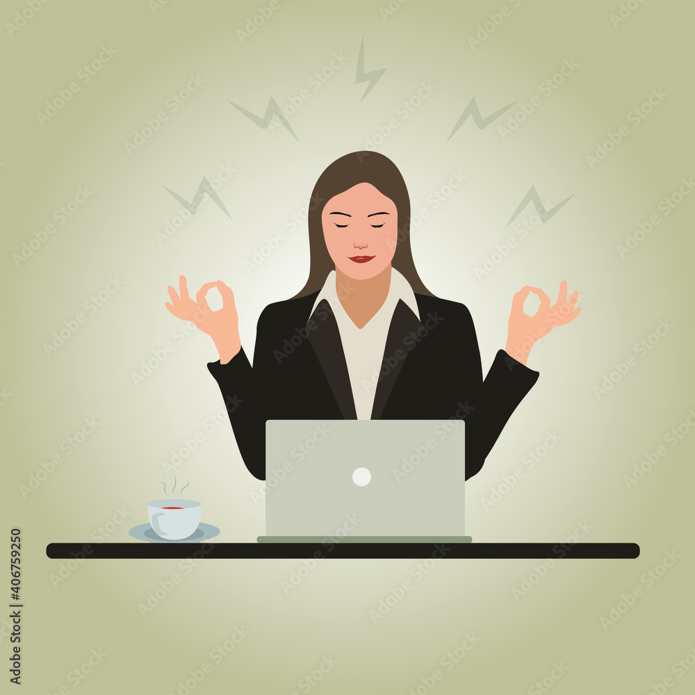 Businesswoman meditating at workplace to relief stress. Businesswoman meditating at workplace to relief stress.