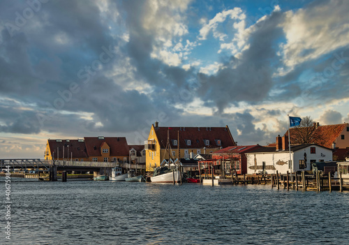 Karrebaeksminde small harbor with boats in rural Denmark