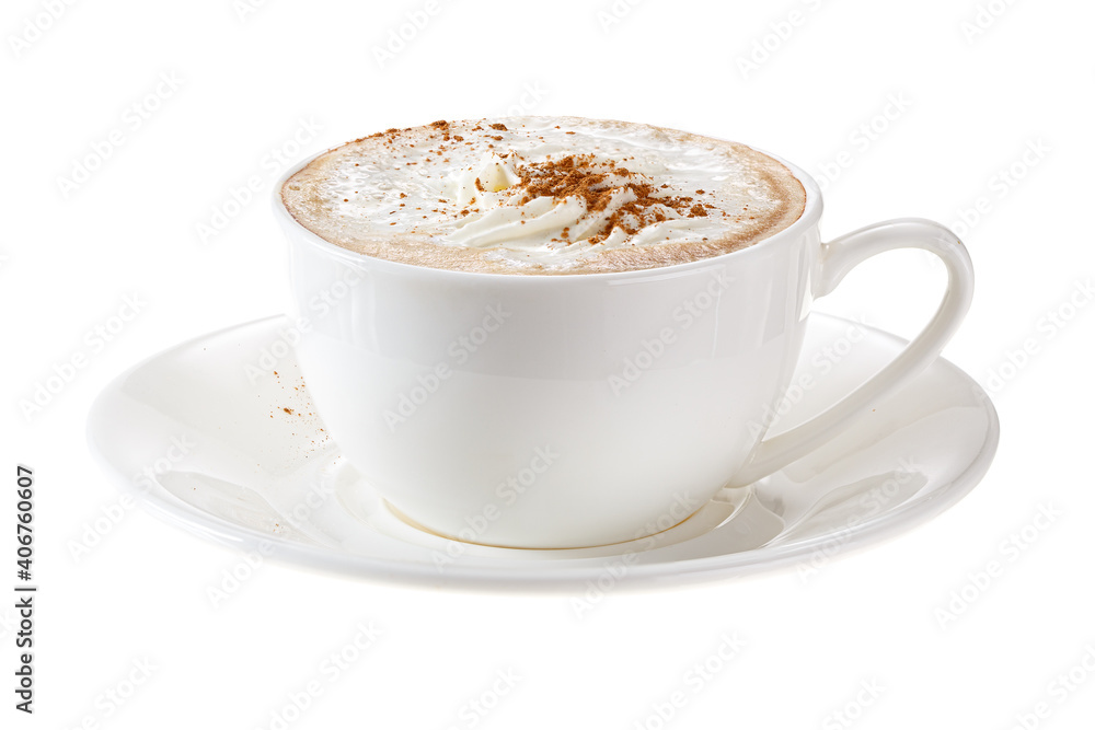 A cup of coffee with whipped cream and cinnamon. Isolated on white background. A cup of coffee with whipped cream and cinnamon. Isolated on white background.
