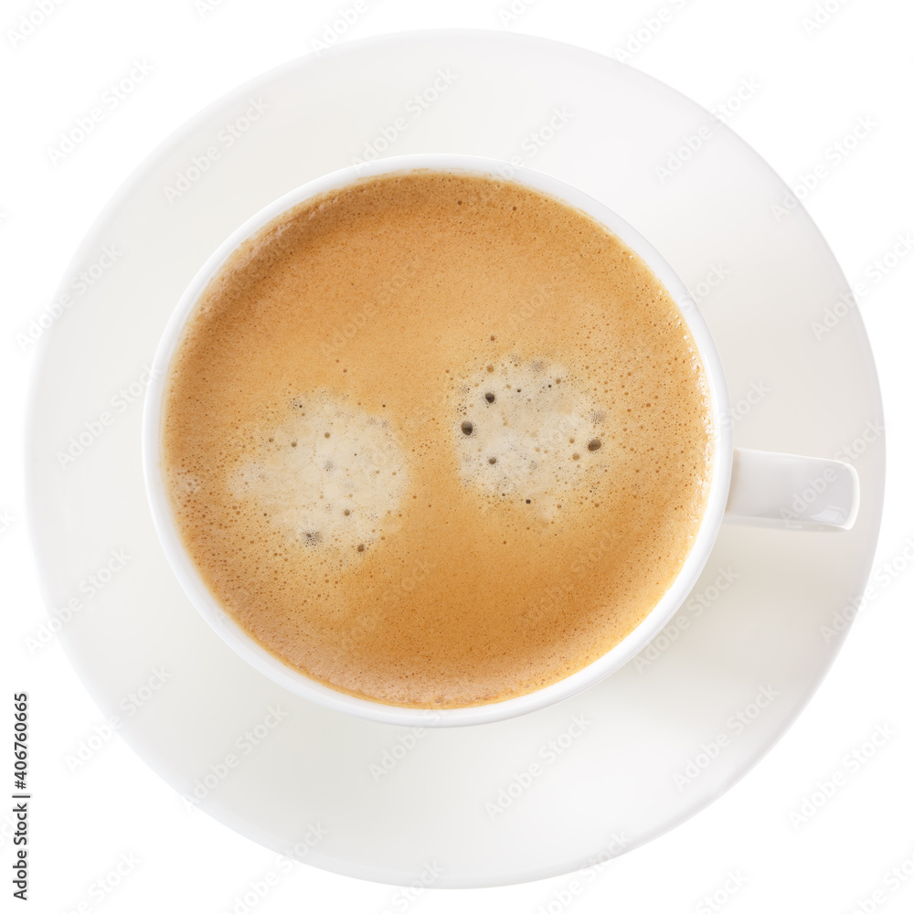 A cup of espresso coffee with froth. View from above. Isolated on white background. A cup of espresso coffee with froth. View from above. Isolated on white background.